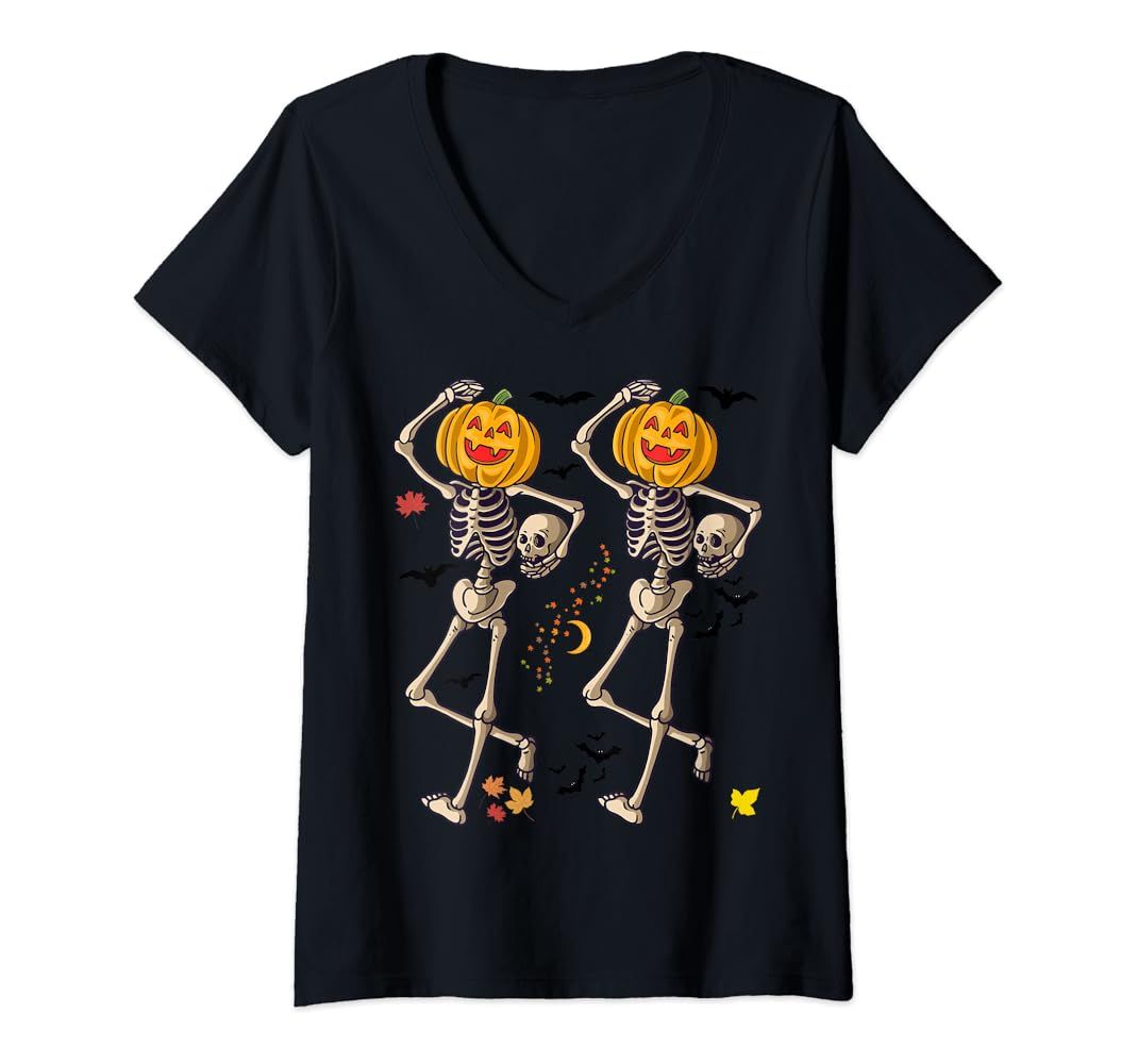 Fun Halloween Skeleton Pumpkin V-Neck T-Shirt | Amazon (US)