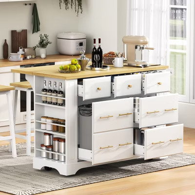 Kitchen Island with 6 Drawers, Pull Out Trash Can Storage, Rolling Kitchen Cart on 5 Wheels with Drop Leaf, Power Outlet, White - ModernLuxe | Target