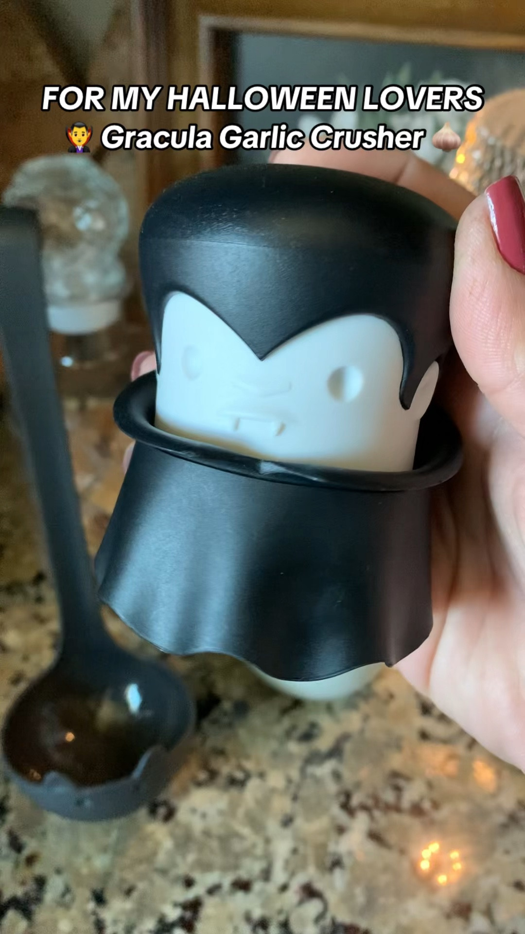 Gracula the garlic crusher 🧛🧄 a kitchen gadget must have if you’re a Halloween lover like myself! #garlicpeeler #garliccrusher #halloween #halloweenkitchen 