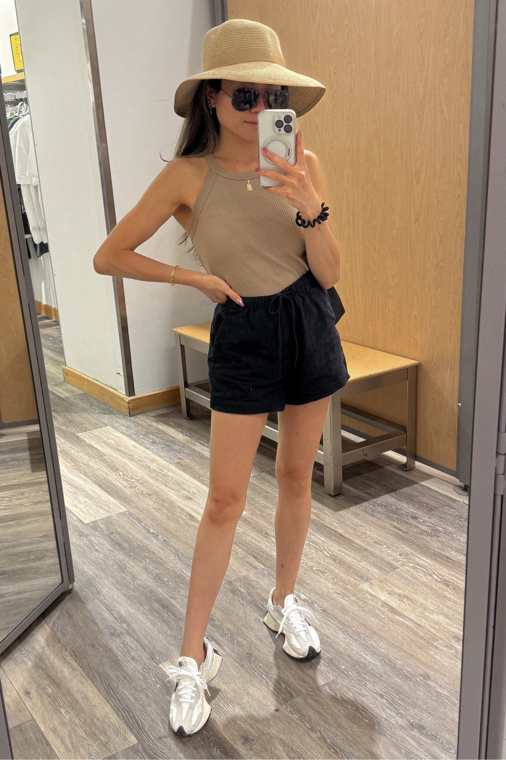 Summer outfit - Neutral errands mom outfit // $20 built in bra tan halter tank [XS] + linen shorts + straw hat + white sneakers 

#LTKxNSale #LTKSummerSales #LTKFindsUnder50