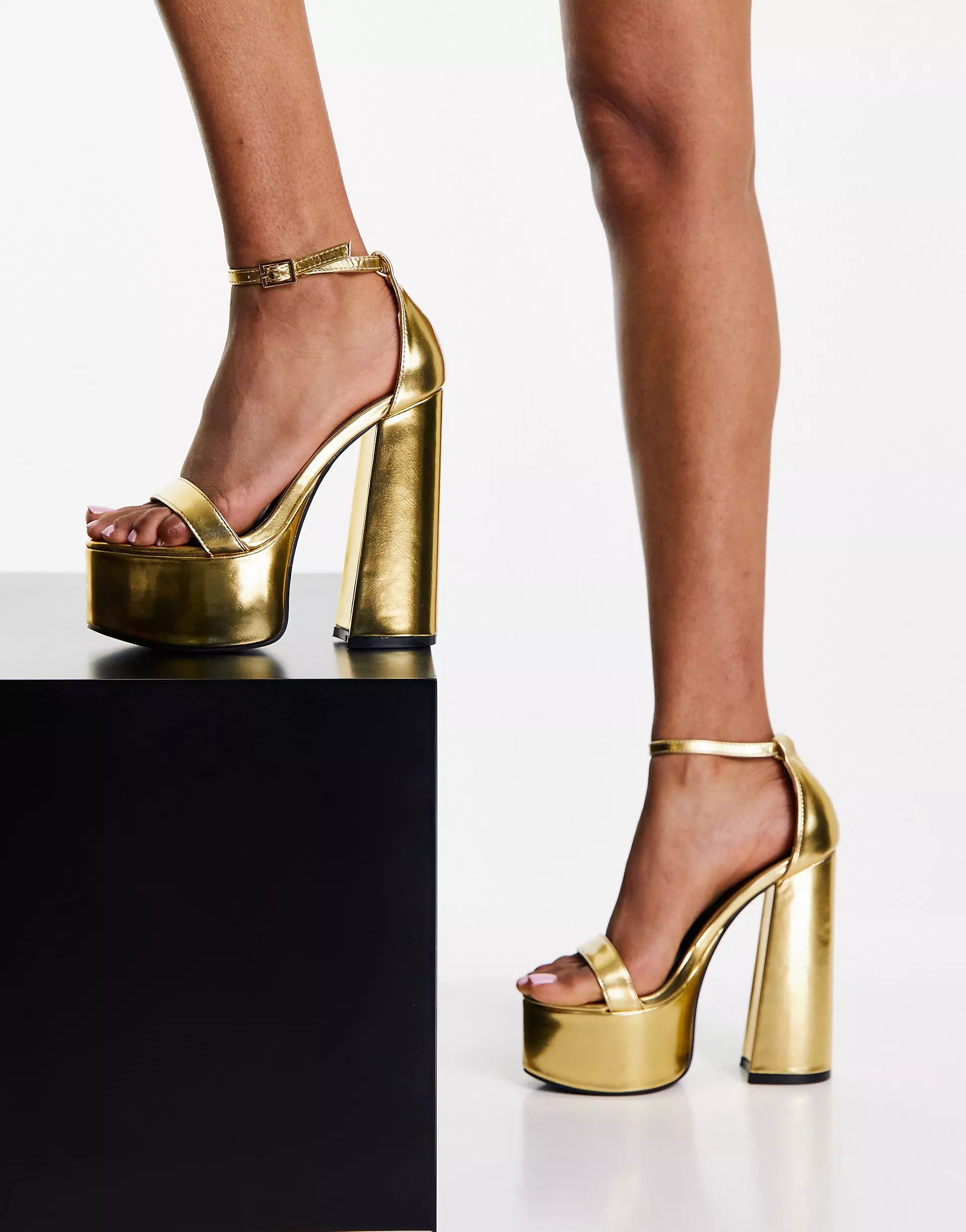 Public Desire Primrose platform heel sandals in gold | ASOS (Global)