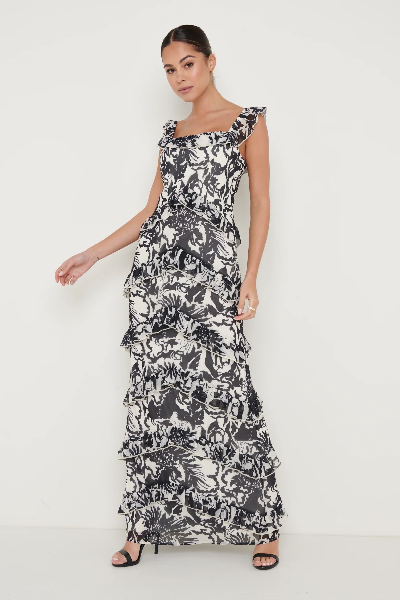 Cecile Maxi Dress - Monochrome Floral | Pretty Lavish (UK)