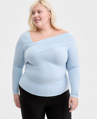 Trendy Plus Size Asymmetrical-Neck Long-Sleeve Top, Macy's Exclusive | Macy's