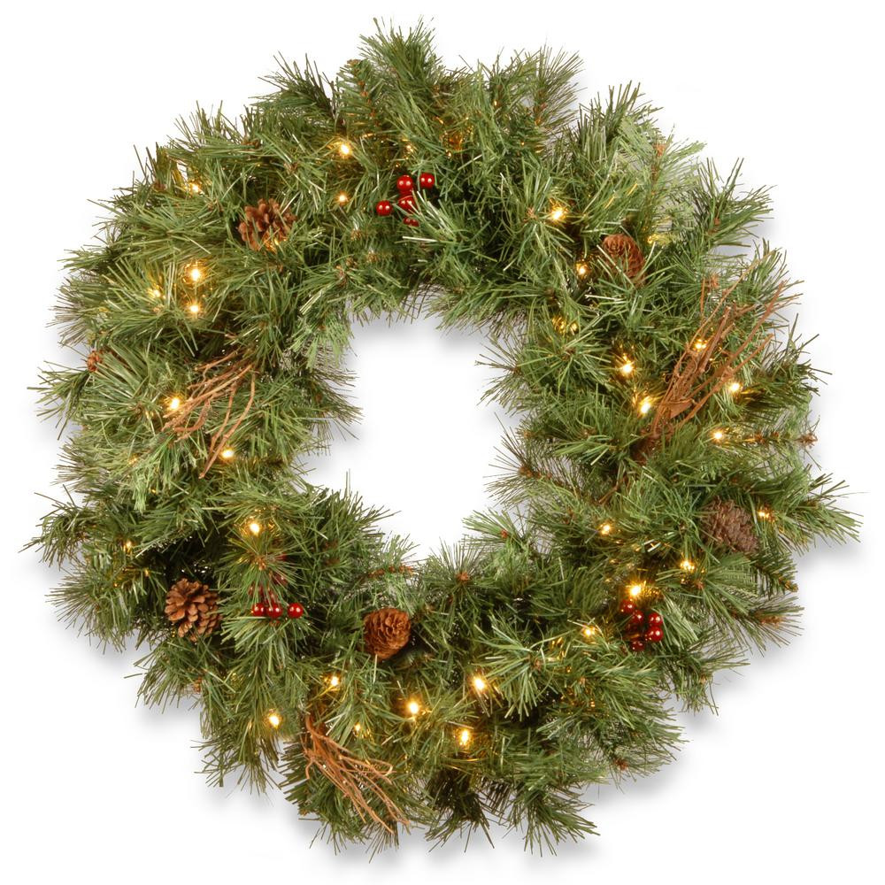 30 in. Battery Operated LED Lights Glistening Pine Wreath | The Home Depot