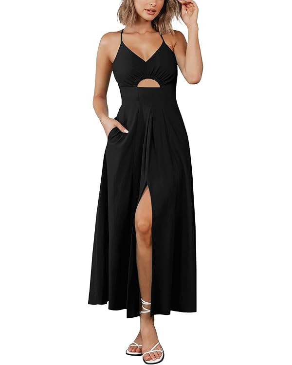 BTFBM Women 2024 Summer Spaghetti Strap Dress Sleeveless V Neck Cutout Slit Casual Beach Party Ma... | Amazon (US)