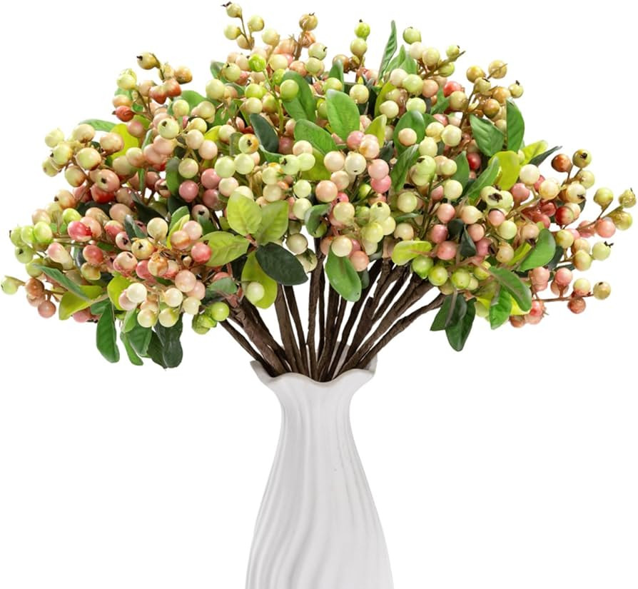 SHACOS Artificial Pink Berry Stems 20 PCS Fake Berries Branches Spray with Green Leaves 9.8 inch ... | Amazon (US)