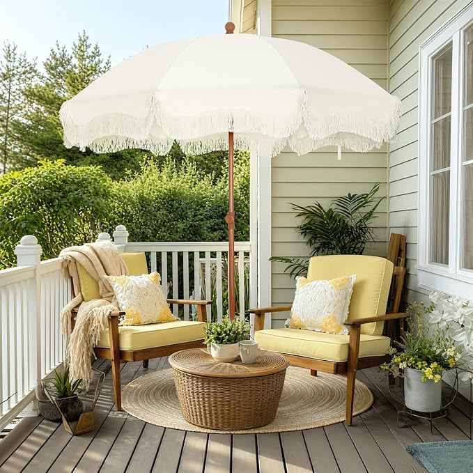PHI VILLA 7ft Beach Umbrella with Fringe & Sand Anchor, Outdoor Patio Heavy Duty Windproof Portab... | Amazon (US)