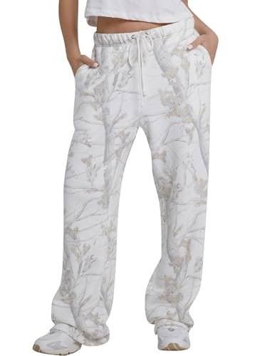YKR Women's Camo Pants Y2K Camouflage Wide Leg Sweatpants Elastic Waist Drawstring Baggy Joggers with Pockets Grey White M | Amazon (US)