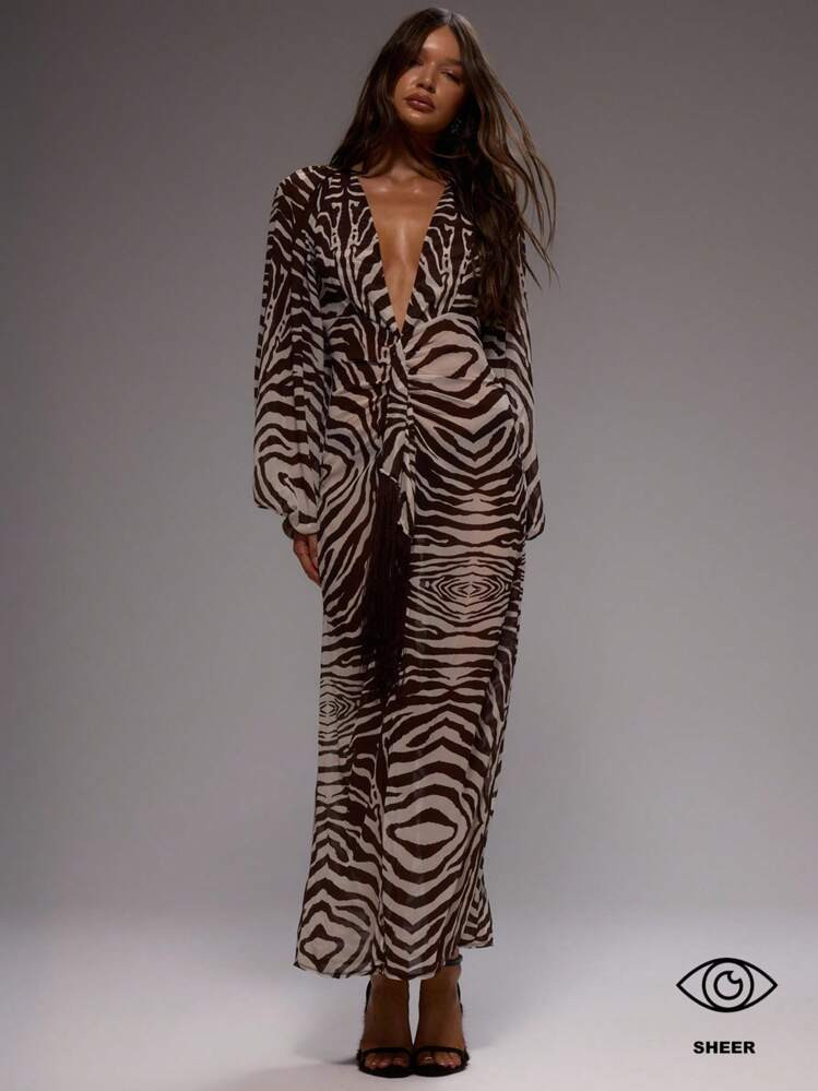 MUSERA Deep V Neck Loose Fit Tassel Detail Zebra Print Elegant Long Sleeved Maxi Dress For Spring... | SHEIN