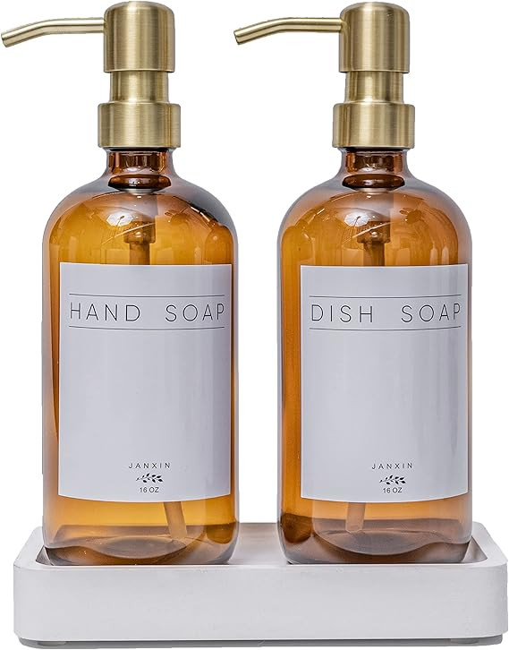 Janxin Glass Soap Dispenser for Kitchen with Stainless Steel Pump and Wood Tray, Modern Bathroom ... | Amazon (US)