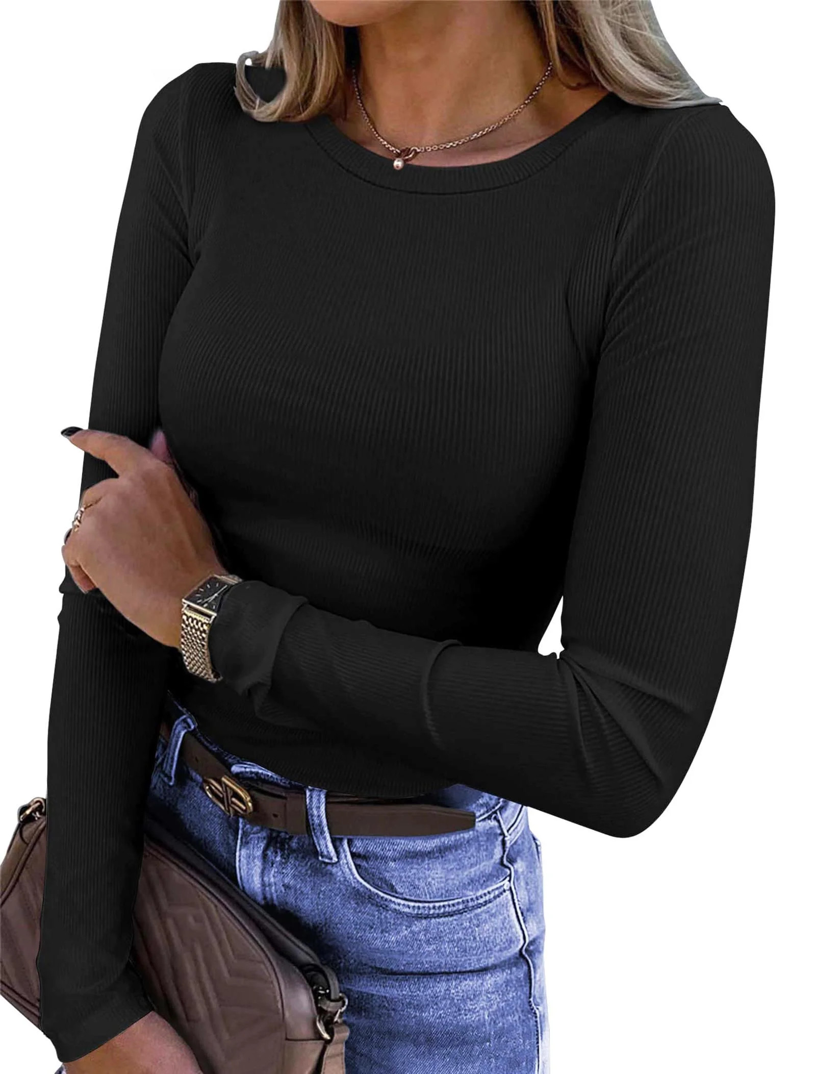 Fantaslook Fitted Long Sleeve Shirts for Women Stretch Casual Basic Tops Crewneck Ribbed Tees Shi... | Walmart (US)