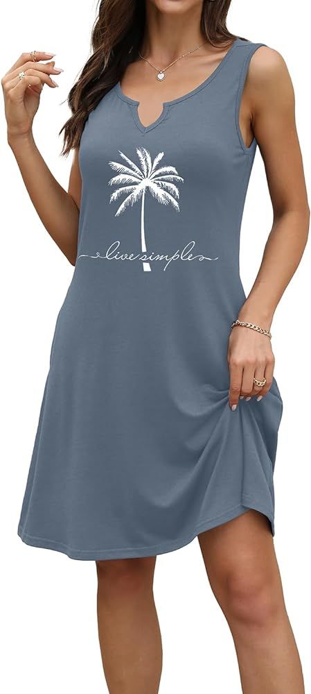 Women's Casual Sundress Sleeveless V Neck Summer Boho Beach Dress Floral T-Shirts Dress Loose Tan... | Amazon (US)