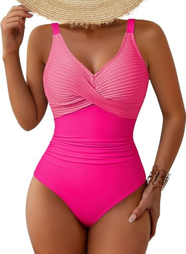 Pink Queen Womens One Piece Swimsuits Twist Front V Neck Tummy Control Bathing Suit Slimming Swimwear Rose Red L | Amazon (US)