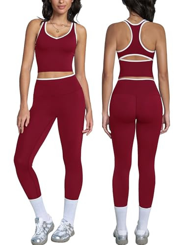ABOCIW Workout Sets for Women Color Block Gym Set V Neck Racerback Tank Top Built in Bra High Waist Tummy Control Leggings Yoga Pilates Outfits Athletic Work Out Clothes Cherry Red Large | Amazon (US)