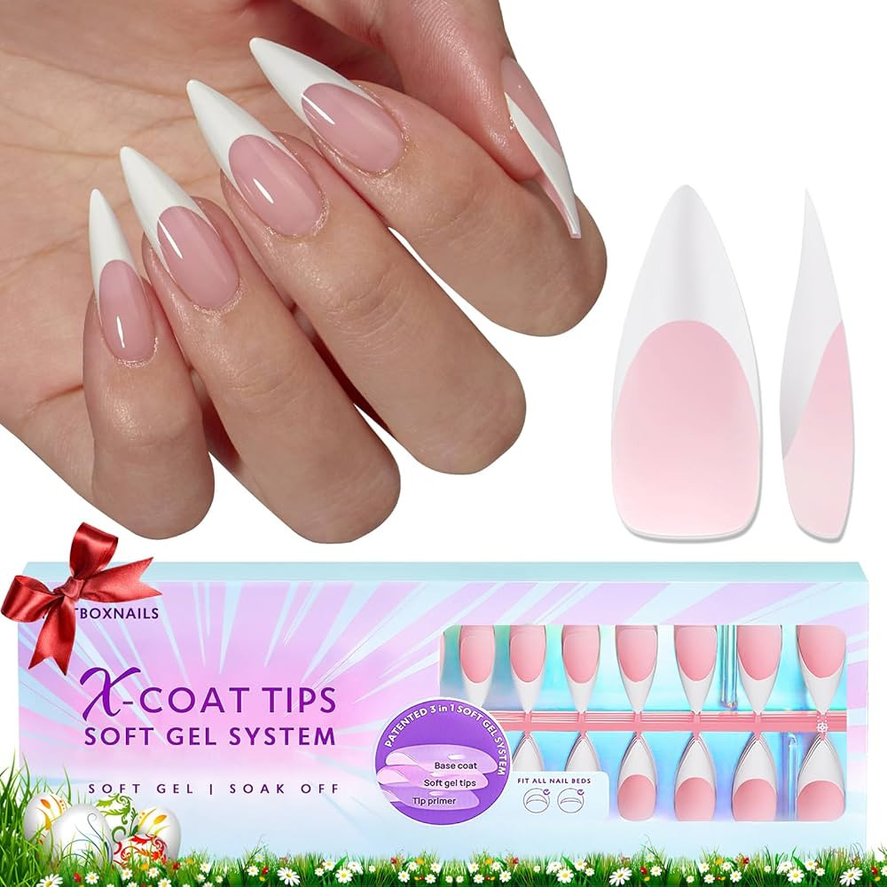 BTArtboxnails French Gel Nail Tips - Press on Nails Pink Long Stiletto XCOATTIPS Pre-applied Tip ... | Amazon (US)