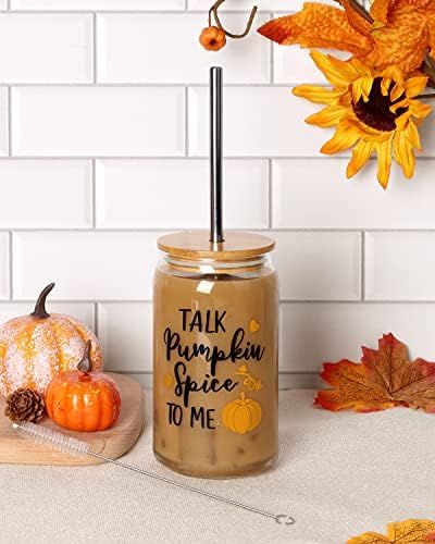 Drinking Glass Cups with Bamboo Lid and Metal Straw, Beer Can Glass 16 oz Fall Orange Pumpkins Ic... | Amazon (US)
