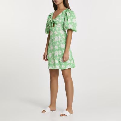 Green floral print tie front mini dress | River Island (UK & IE)