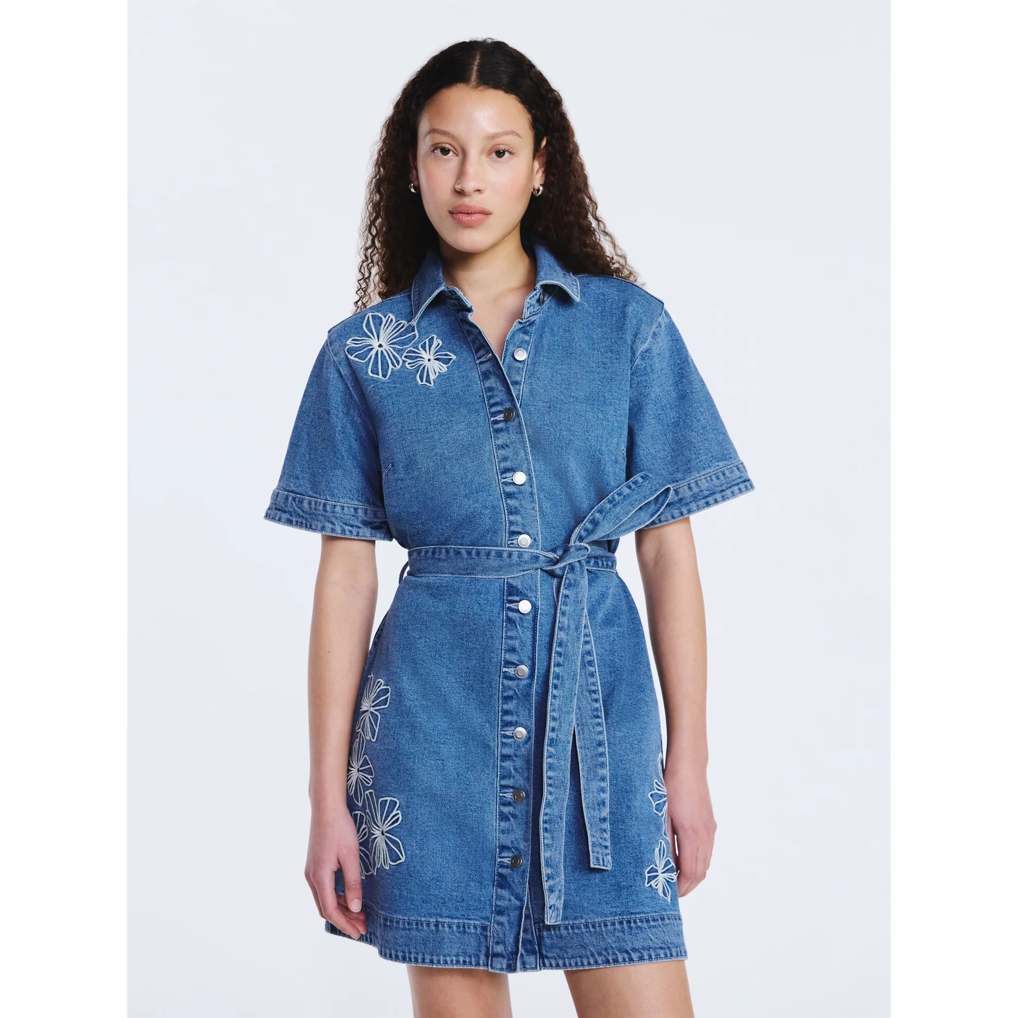 Free Assembly Women's and Women's Plus Embroidered Denim Mini Shirtdress with Belt, Sizes XS-4X | Walmart (US)