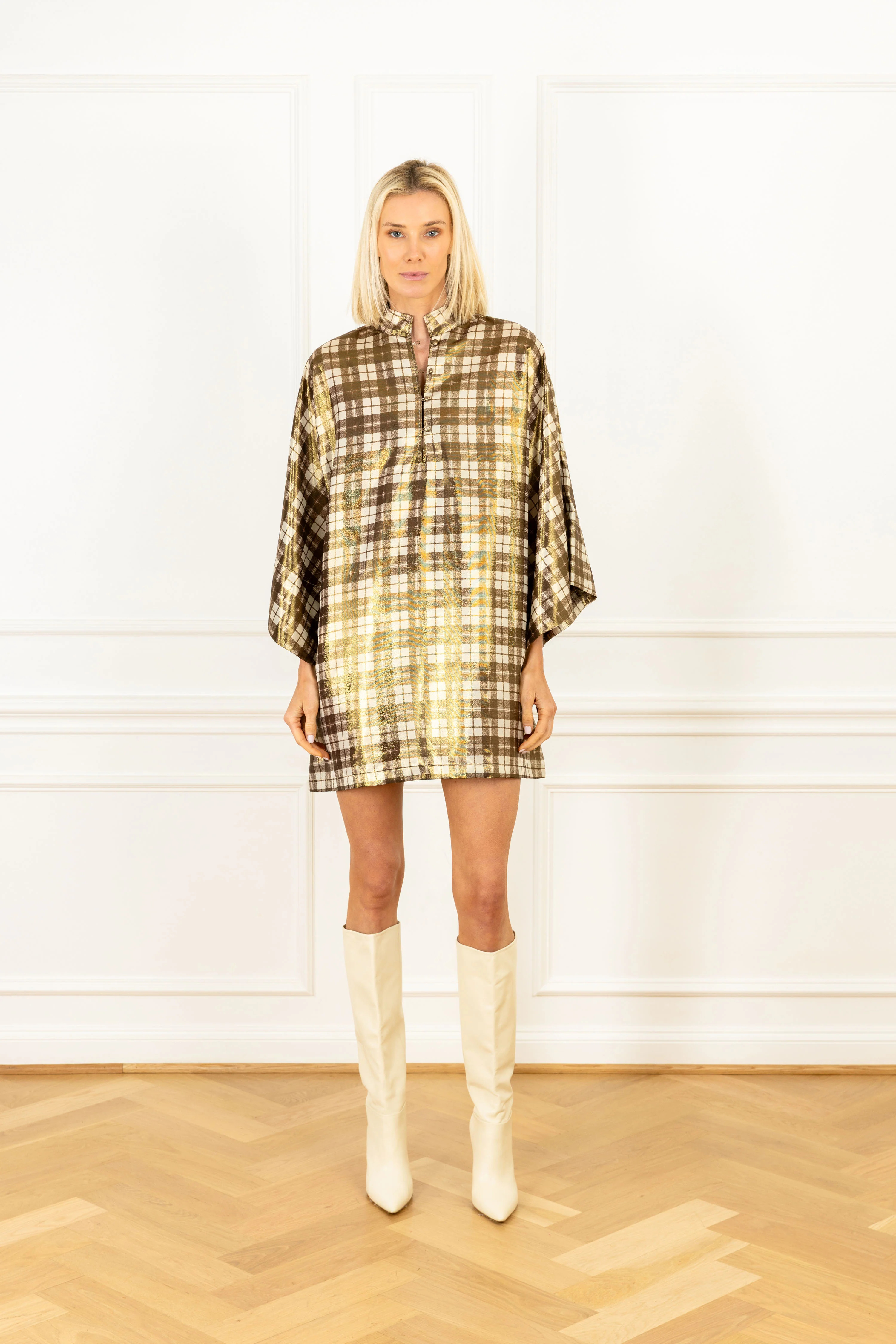 Bronze Shimmer Plaid Mini Caftan | La Vie Style House