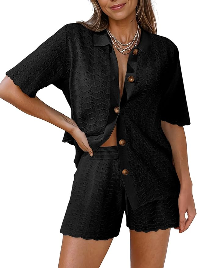 Pink Queen Women Knit Shorts Set 2 Piece Outfits Short Sleeve Button Down Sweater Top and Shorts ... | Amazon (US)