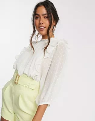 River Island pleated frill front blouse in cream | ASOS (Global)