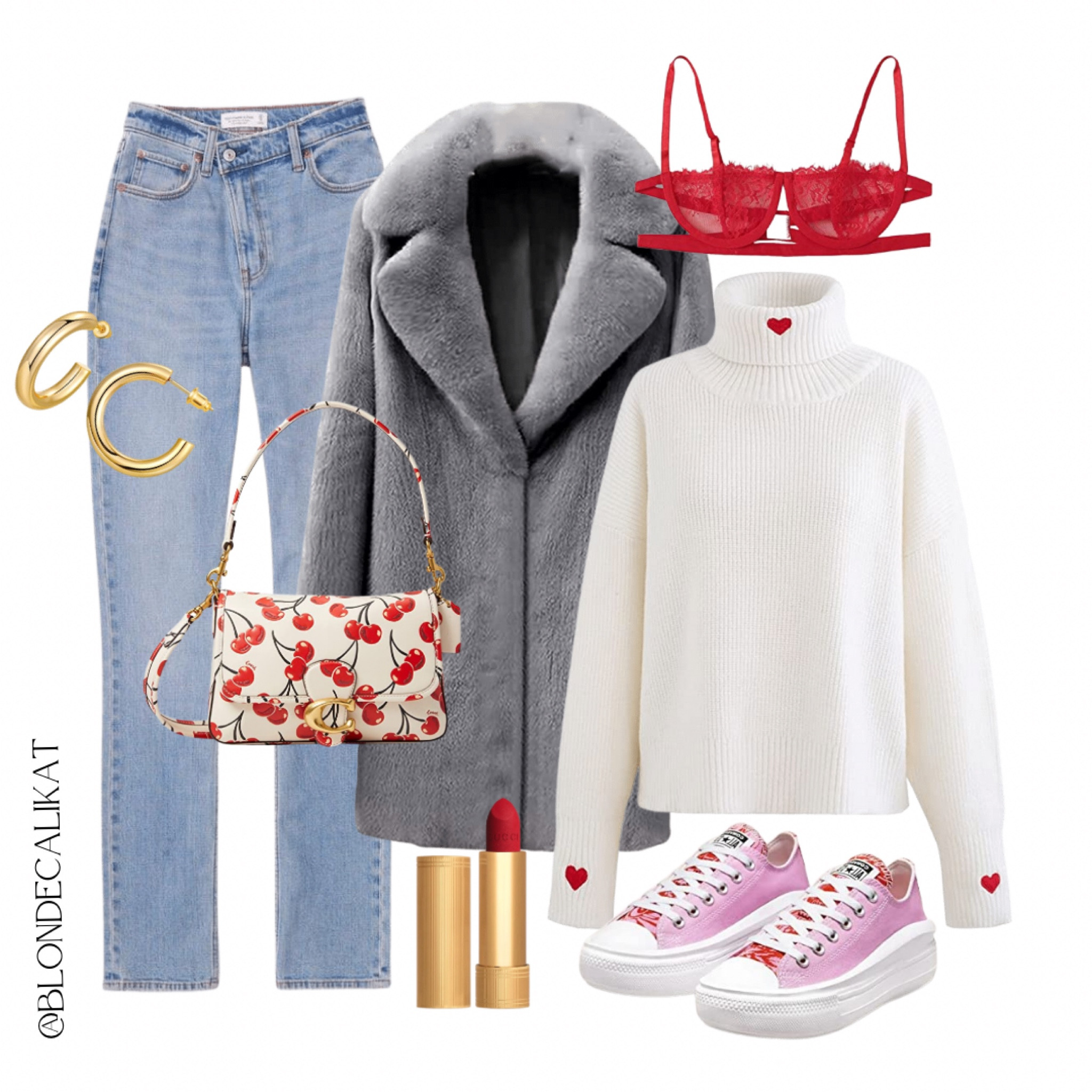 Valentine’s Day inspired Amazon finds! Click below to shop this look! Follow me @blondecalikat for more Amazon fit looks! 

Heart sweater, sideways button jeans, platform converse, gray coat, cherry purse, lingerie, gold hoop earrings 

#LTKFind #LTKshoecrush #LTKunder50