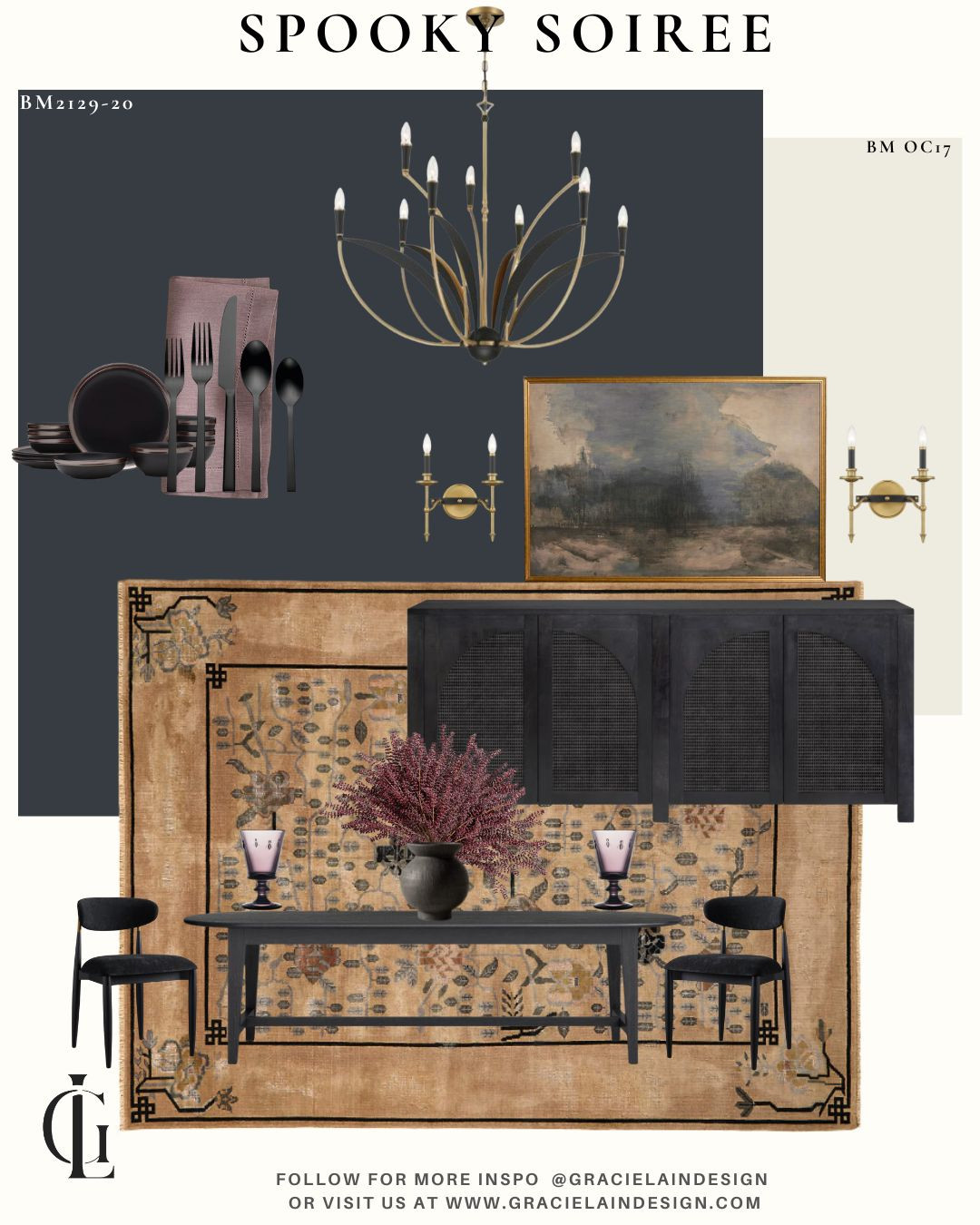 Celebrate spooky season in sophisticated style 🖤✨ This dark dining room proves that moody can be magnificent. Cloaked in walls as deep as midnight, the space comes alive with an Asian Art Deco–inspired rug, a sensational chandelier, and art that whispers intrigue. A stunning black dining table anchors the look, surrounded by plush modern chairs with brass accents that shimmer in the candlelight. Every detail—from the overflowing centerpiece to the elegant goblets and inky place settings—creates a dramatic yet modern mood that’s timelessly chic.

Dare to dine in the dark and embrace the allure of modern mystique.
Explore more design inspiration at gracielaindesign.com
 ✨

#DarkDining #MoodyInteriors #SpookySeasonStyle #ModernGlam #InteriorDesignInspo #AsianArtDeco #BlackAndBrass #SophisticatedSpaces #DiningRoomGoals #LTKHome #LTKInteriors #GracielaInDesign #ModernLuxury #HomeDecorInspo 

 #LTKHome #LTKSaleAlert #LTKStyleTip