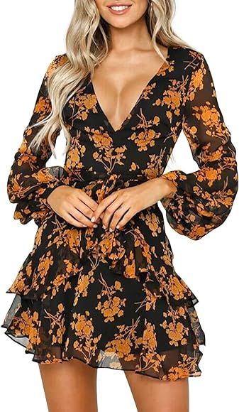 MetCuento Womens Dresses Floral Long Sleeve V Neck Ruffle Boho Belt Mini Dress Summer Casual Part... | Amazon (CA)