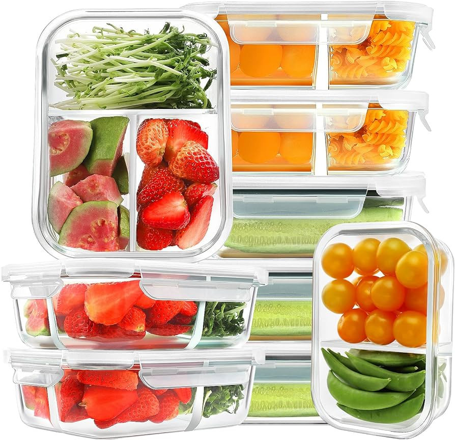 HOMBERKING 9 Pack Glass Meal Prep Containers 3 & 2 & 1 Compartment, Glass Food Storage Containers... | Amazon (US)