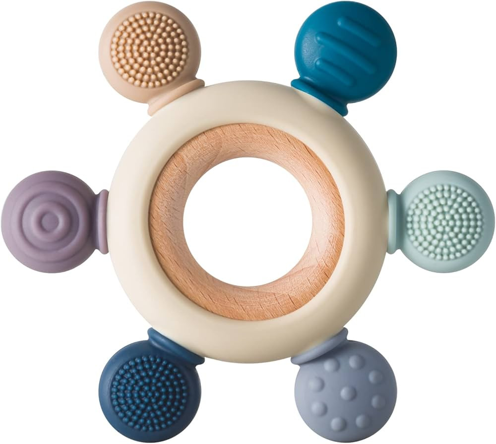 Baby Teething Toys Silicone Teethers BPA Free Silicone Rudder with Wooden Ring Soothe Babies Gums... | Amazon (US)