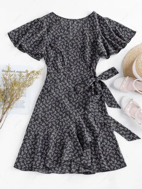 ZAFUL Ditsy Print Ruffle Butterfly Sleeve Tulip Dress | ZAFUL (Global)