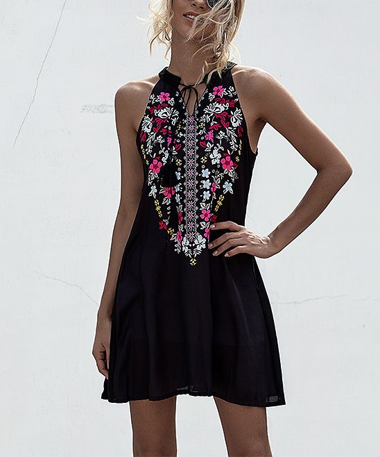 Floral Blooming Women's Casual Dresses Black - Black Floral Embroidered Sleeveless Dress | Zulily