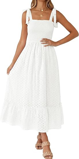 Tobrief Women's Boho Dress Summer Spaghetti Strap Square Neck Flowy Ruffle Beach Long Maxi Dress | Amazon (US)