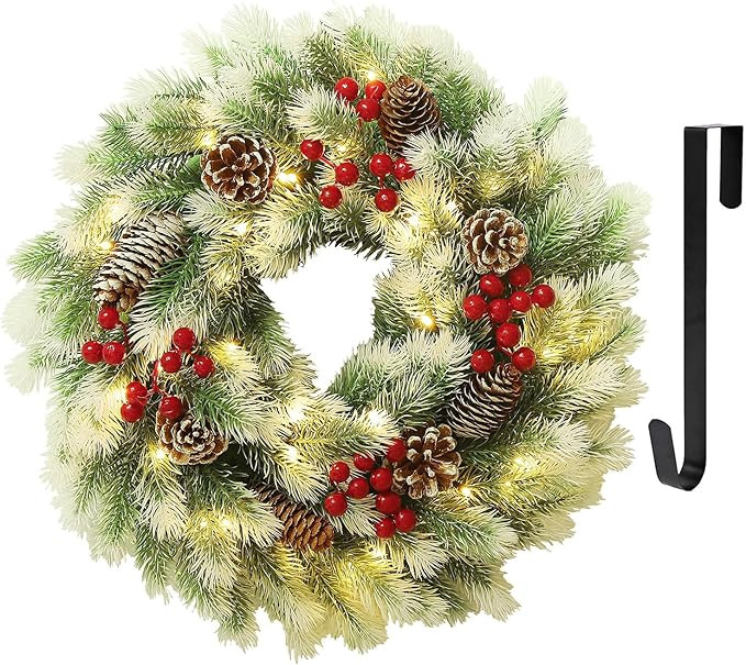 Juegoal 16 Inch Pre-Lit Christmas Wreath with Metal Hanger, Light Up Mountain Fir Pine Needle Wre... | Amazon (US)