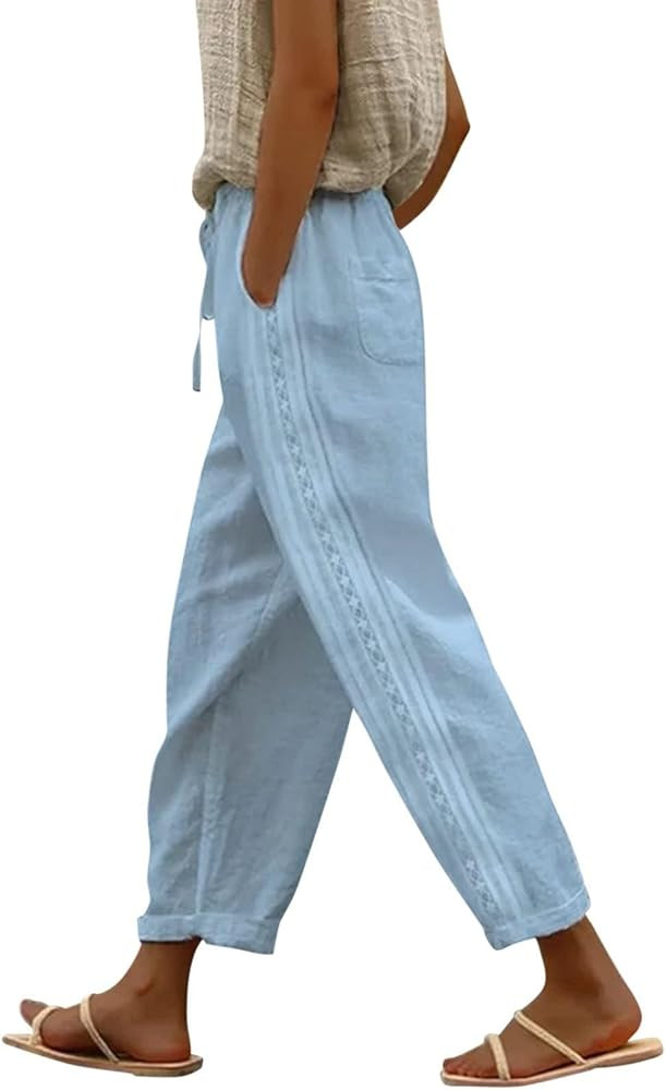 TIAFORD Women's Casual Loose Cotton Linen Pants Elastic High Waisted Wide Leg Beach Trousers with... | Amazon (US)