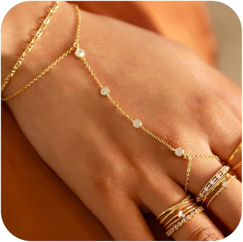 Listine Hand Chain Bracelet 14K Gold Plated Ring Bracelet Hand Chain Trendy Stuff for Women Daint... | Amazon (US)