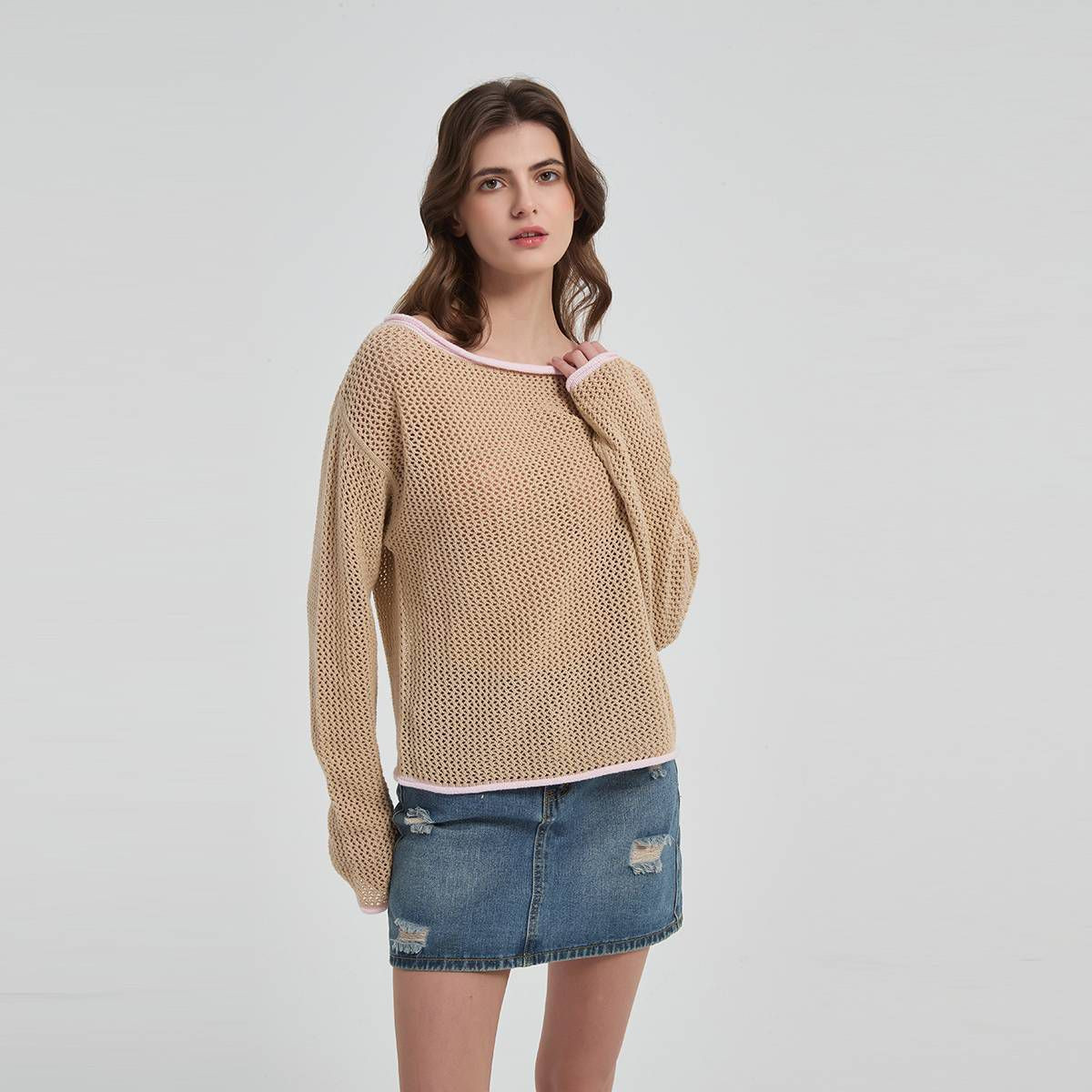 Women's Long Sleeve Contrast Roll Hem Boat Neck Sweater - Wild Fable\u2122 Tan M | Target