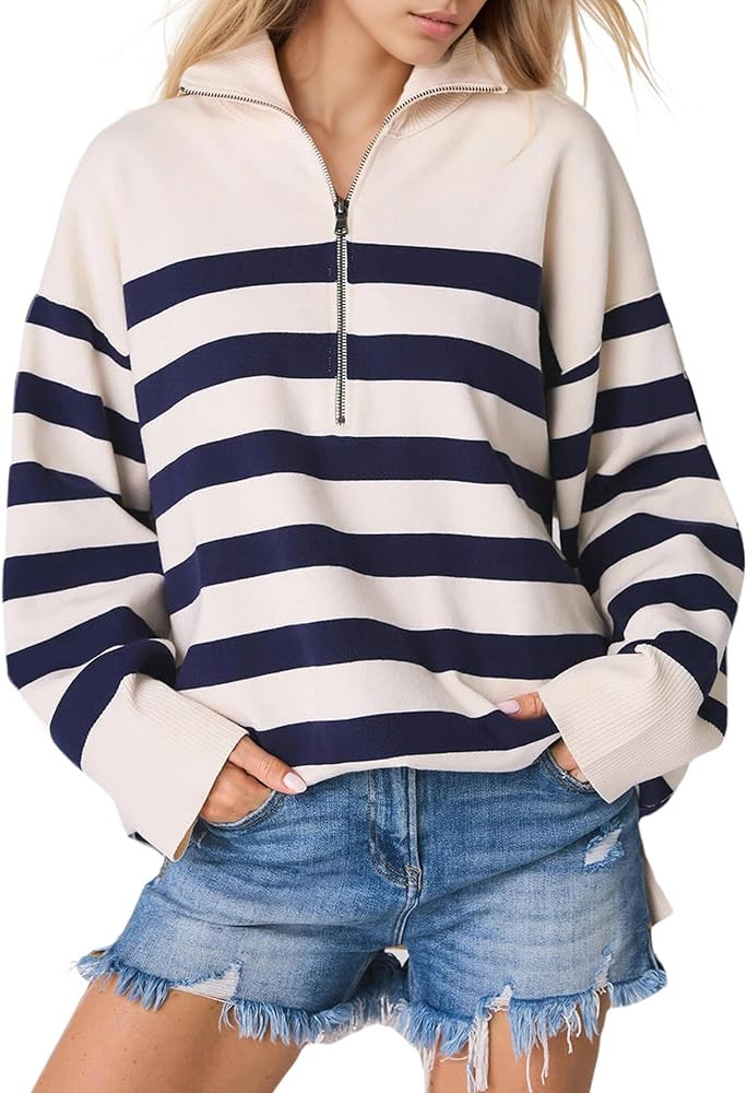 Knit Coastal Stripe Pullover for Women Oversized Fit Medium Weight Sweater with Quarter Zip Neckl... | Amazon (US)
