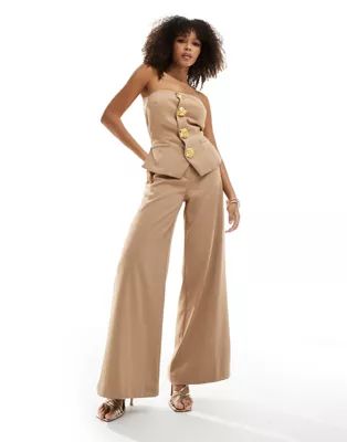 Rare London tailored bandeau textured gold button wide leg jumpsuit in tan | ASOS (Global)