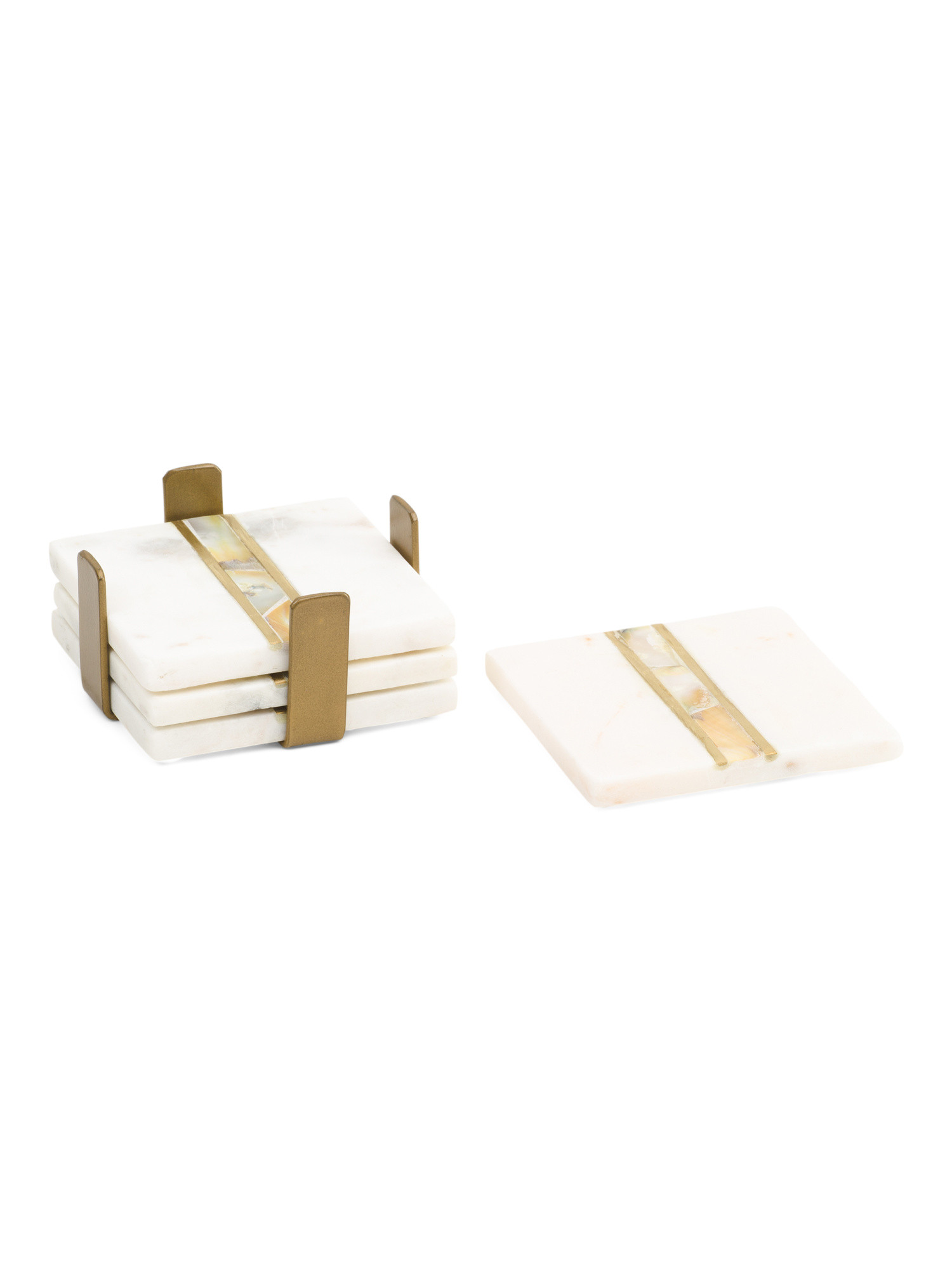 Set Of 4 Marble And Mother Of Pearl Coasters With Gold Tone Holder | Mother's Day Gifts | Marshal... | Marshalls