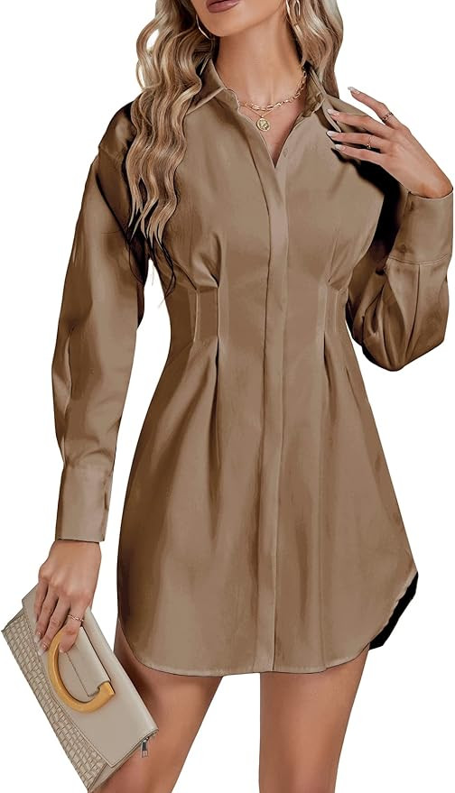 LYANER Women's Collar Buttons Down Pleated Long Sleeve Flared Mini Shirt Dress | Amazon (US)