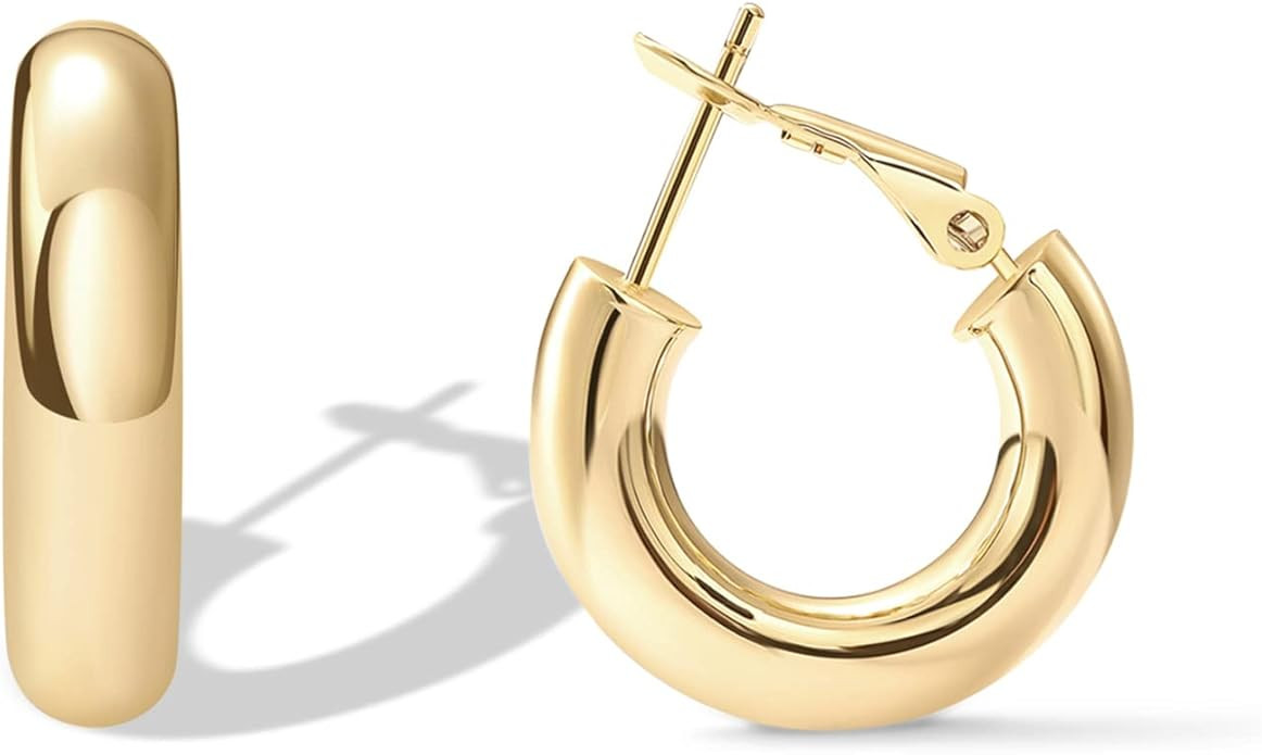 PAVOI 14K Gold Plated 925 Sterling Silver Post Hoops | Lightweight Chunky Hoops Huggies | Thick G... | Amazon (US)