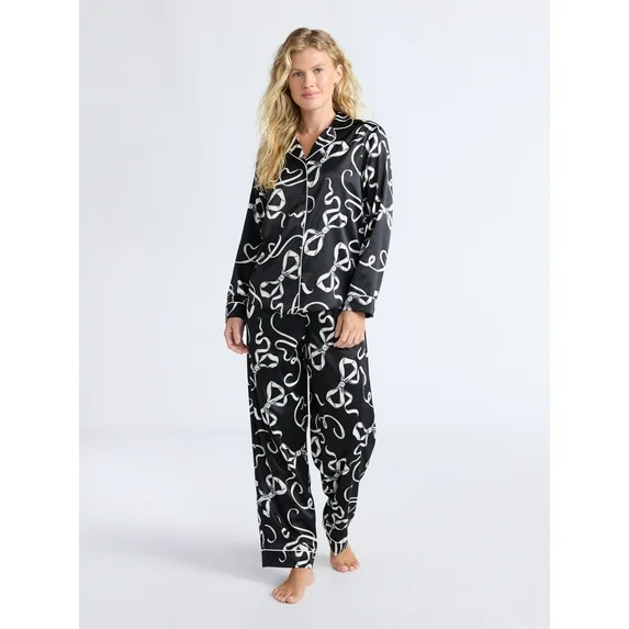 Joyspun Women’s Stretch Satin Notch Long Sleeve Top and Pants Pajama Set, 2-Piece, Sizes XS-3X | Walmart (US)