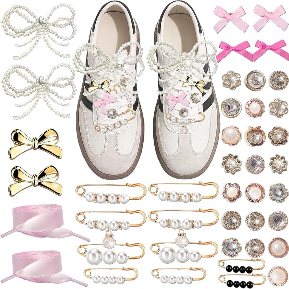 Shoe Charms for Sneakers, 42Pcs Ribbon Shoe Laces Women Shoelace Charms with Bows/Clips/Pins/Jewe... | Amazon (US)