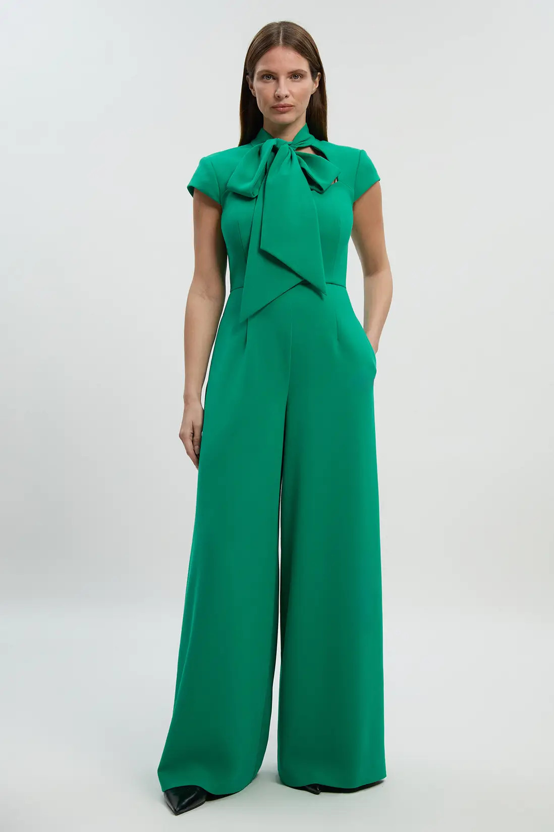 Emerald Compact Stretch Bow Tie Neck Tailored Wide Leg Jumpsuit | Karen Millen | Karen Millen UK + IE + DE + NL