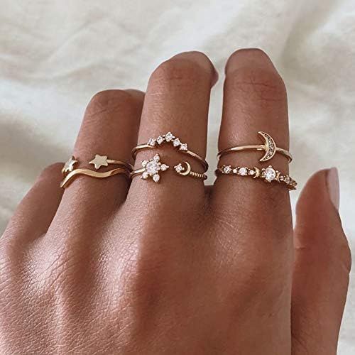 Xerling 6 Pcs Stylish Women Star Moon Knuckle Ring Set Stacking Rhinestones Open Ring Set Gold Wa... | Amazon (US)