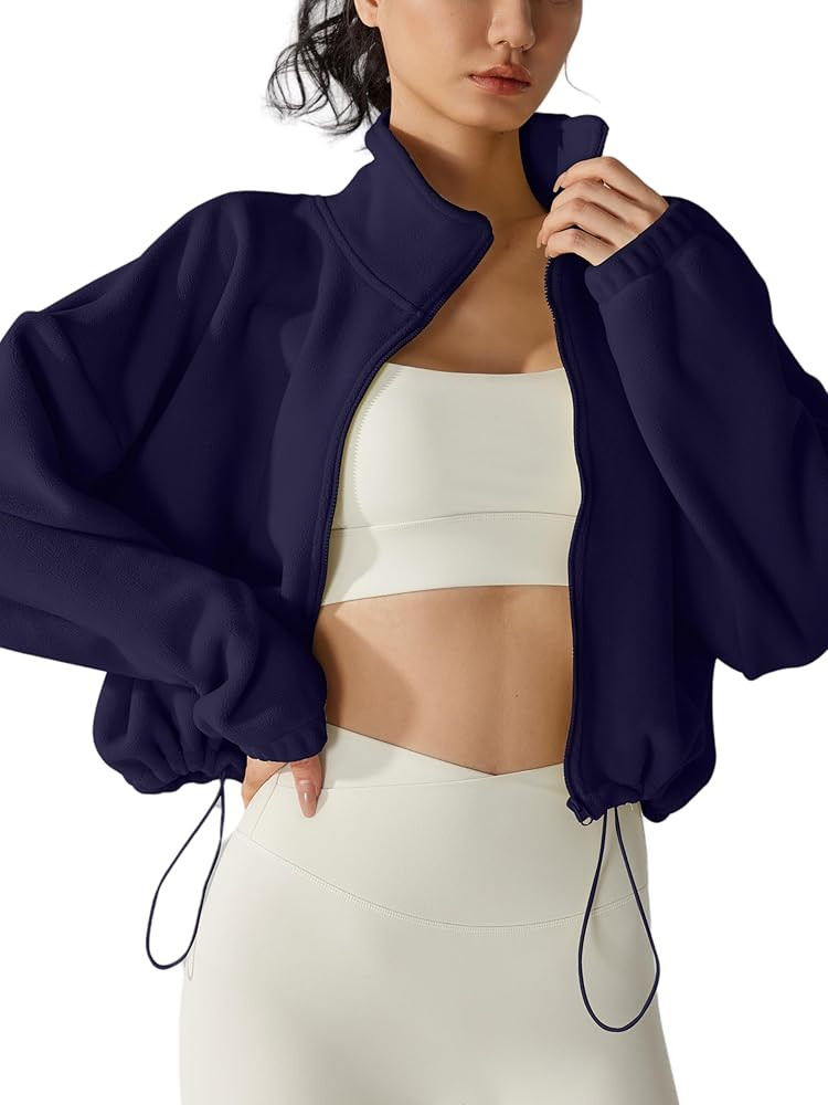 Womens Fleece Short Jacket Long Sleeve Full Zip Stand Collar Sherpa Crop Coat | Amazon (US)