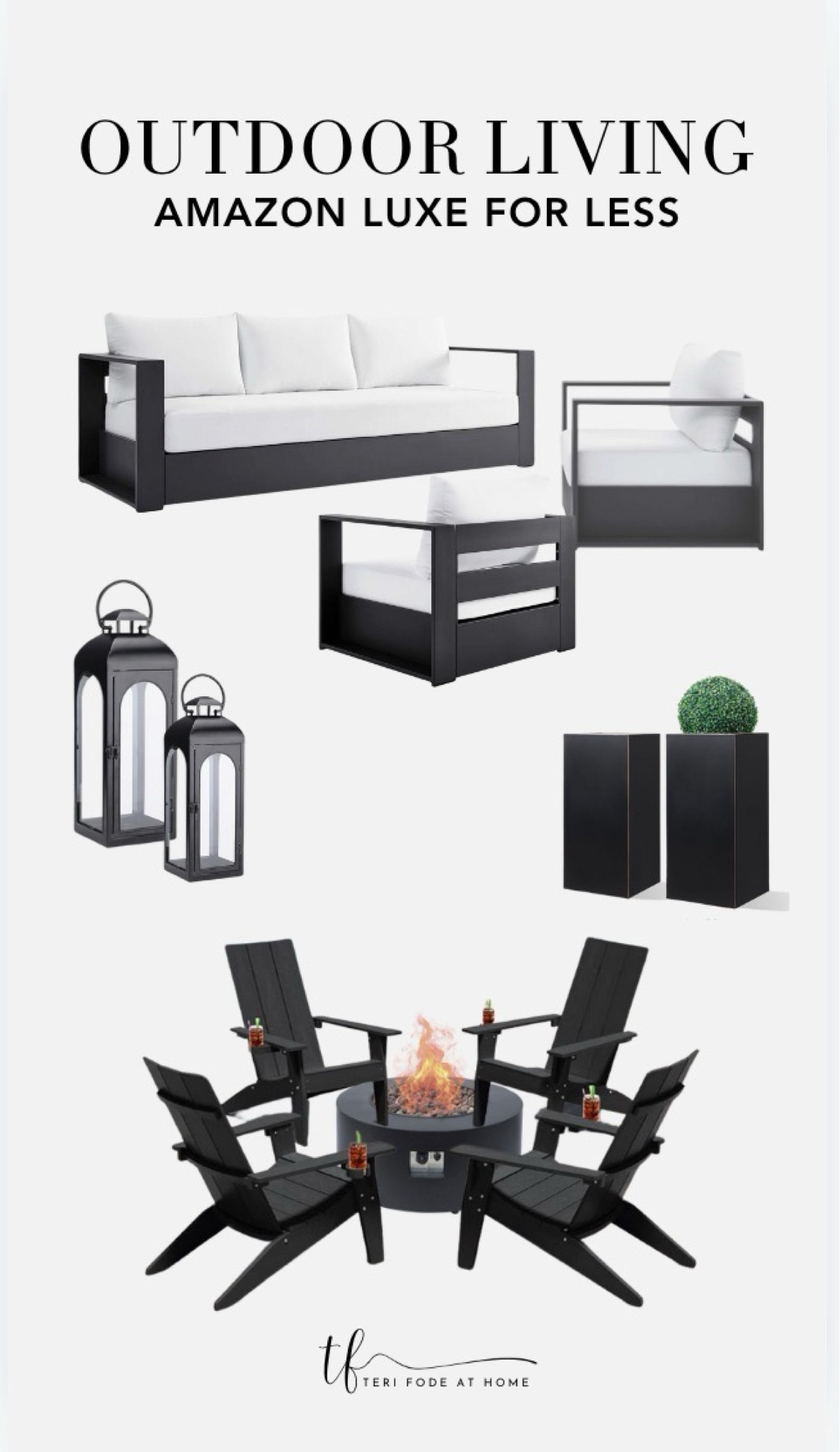 Black and white outdoor patio furniture, black firepit, black square back modern Adirondack chairs, black and white outdoor conversation set

#LTKSeasonal #LTKHome
