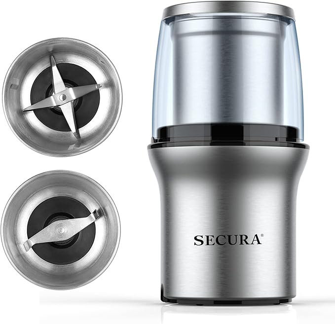 Secura Electric Coffee Grinder and Spice Grinder with 2 Stainless Steel Blades Removable Bowls | Amazon (US)