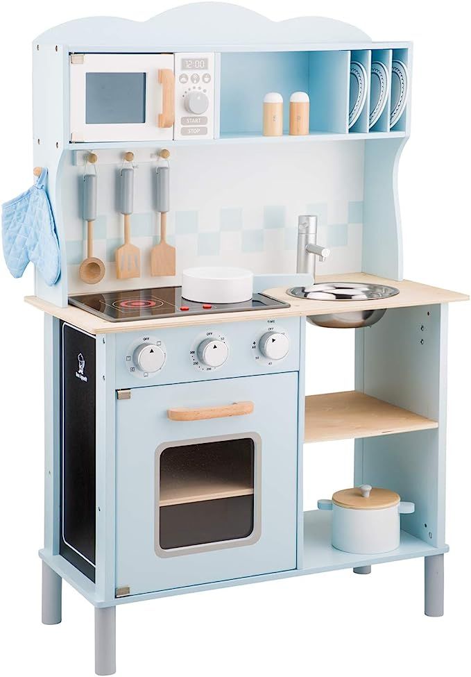 New Classic Toys Blue Wooden Pretend Play Toy Kitchen for Kids with Role Play Bon Appetit Electri... | Amazon (US)